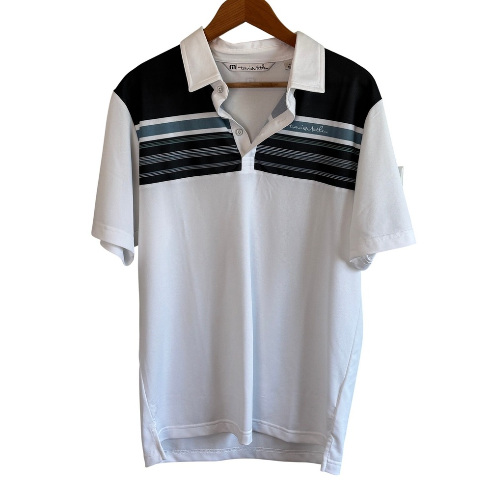 TravisMathew Polo Shirt White Mens M Striped Performance Golf Short Sleeve